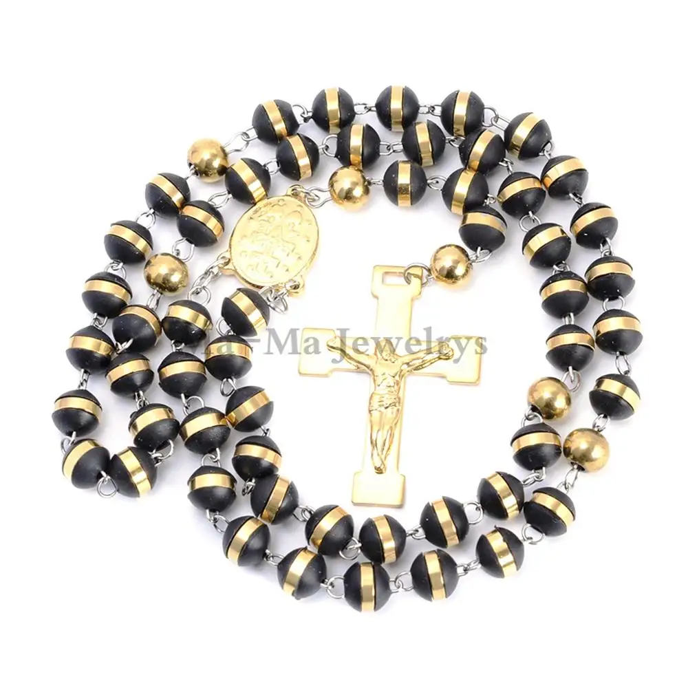

Mens or Womens Jewelry Black Gold Stainless Steel 8mm Silicone Rosary Chain Cross Pendant Necklace 28"