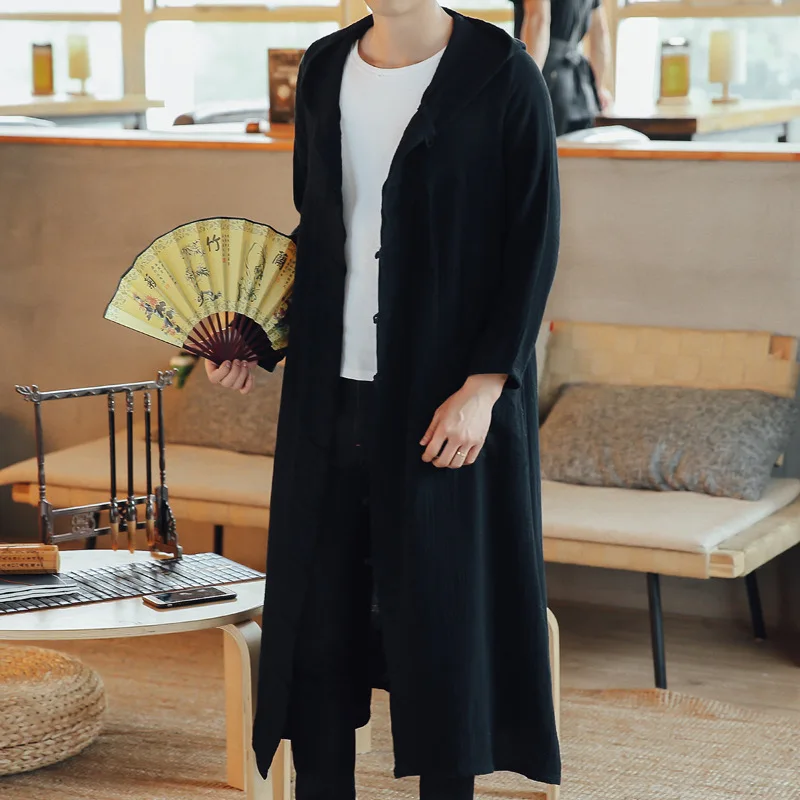 Традиционная китайская одежда для мужчин хлопок лен с капюшоном длинный Тренч