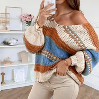 autumn and winter casual loose striped printed sweater sexy v neck sweater fall 2021 women clothing