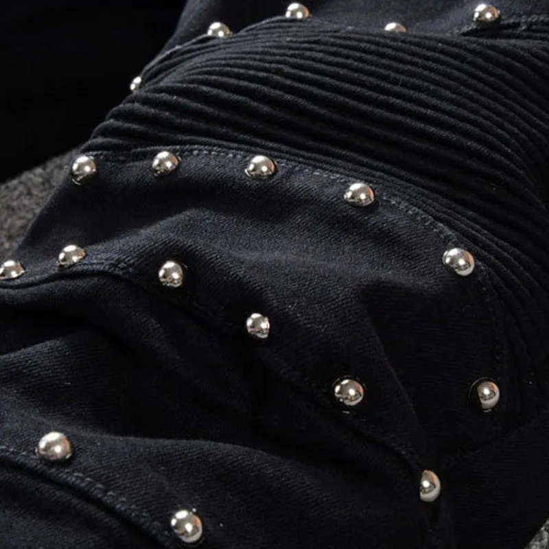 Top Quality Men Motor Biker Slim Fit Jeans Skinny Rivet Pencil Pants Punk Beads Pleated Long Denim Trousers Big Size White | Мужская
