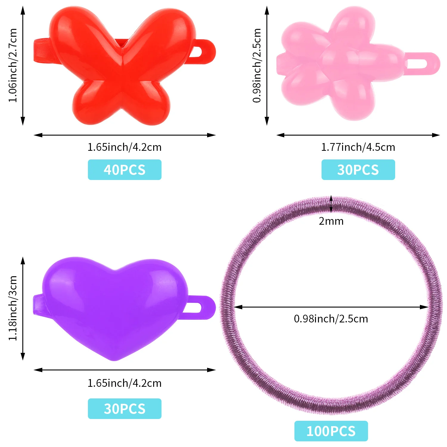 

200Pcs/Set Mini Rubber Bands Cute Hair Clips Girls Barrettes Butterfly Heart Hairpins Hair Ties Rope Plastic Random Color