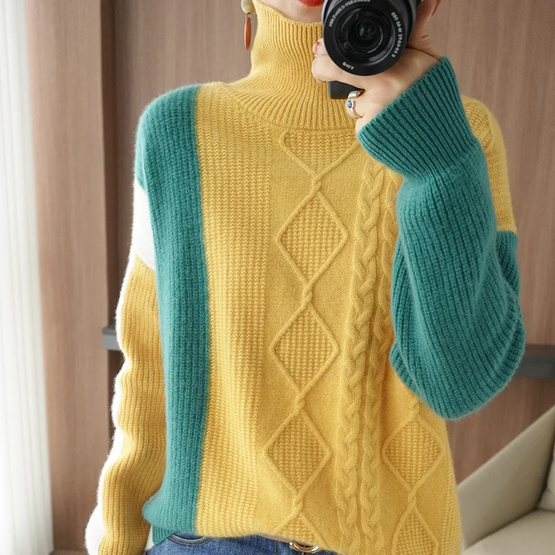 

Autumn and winter new style 100% woolen sweater ladies color matching jacquard knitted thick plus size sweater bottoming shirt w