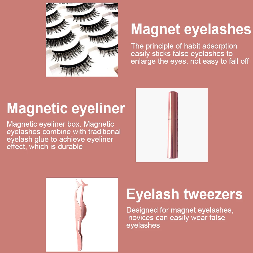 

14 Pairs Natural Handmade False Eyelashes Magnet Liquid Eyeliner Tweezers Set