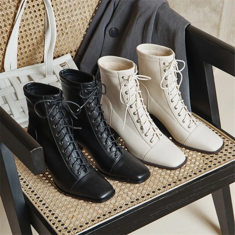 

MEMUNIA 2021 new arrive genuine leather +pu ankle boots women square toe thick heel dress party shoes woman boots black