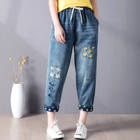 9260 women summer fashion elastic high waist floral embroidery patchwork retro ankle length denim pant female casual loose jeans