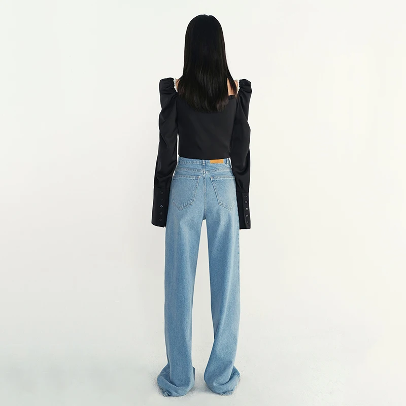 

[EAM] Women Black Bandage Off Shoulder Blouse New Lapel Long Sleeve Loose Fit Shirt Fashion Tide Spring Autumn 2021 1DD5832