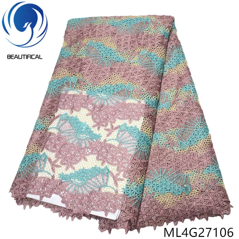 

BEAUTIFICAL nigerian lace fabrics Top sale chemical lace embroidery fabric guipure lace stones ands beads for dress ML4G271