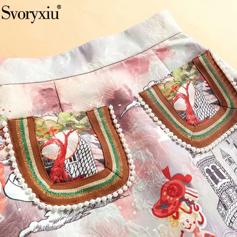 

Svoryxiu luxury Runway Autumn Winter Jacquard Skirt Suit Women's Fashion Pearl Beading Cartoon Printed Party Two Piece Set