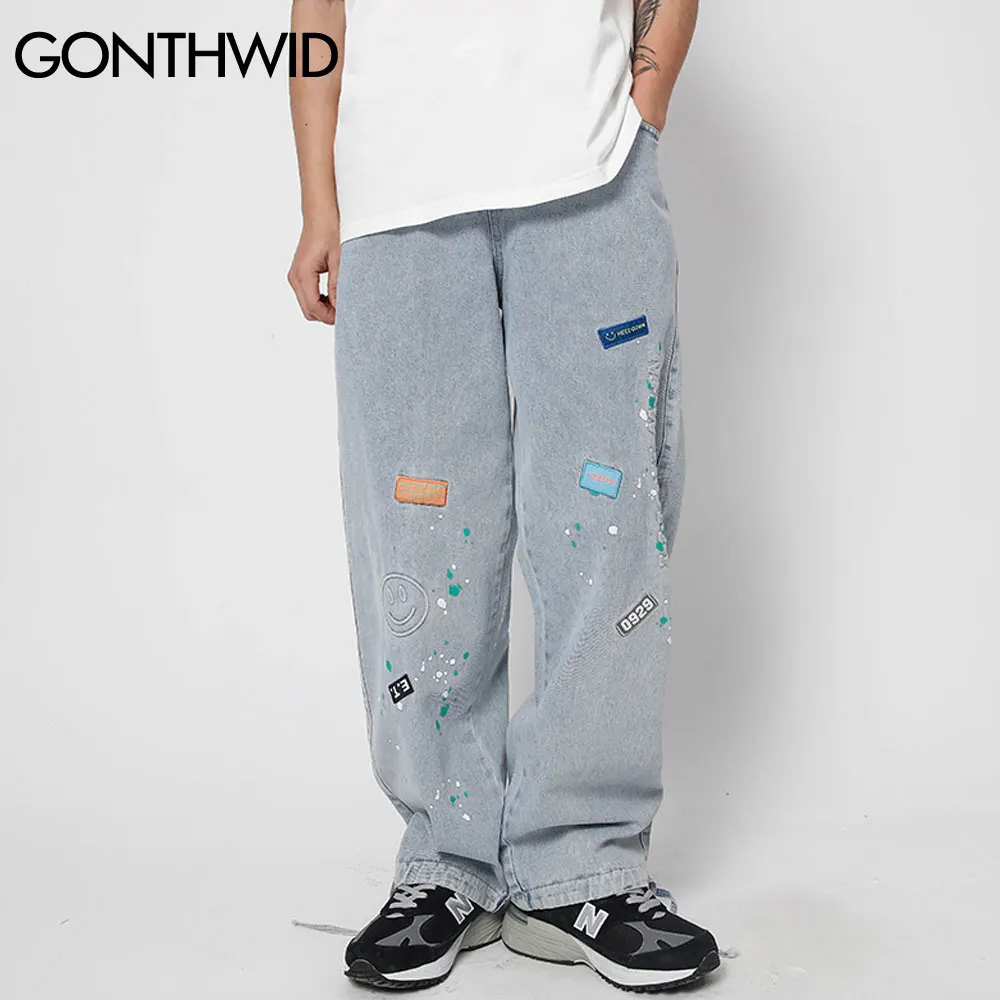 

GONTHWID Harem Denim Jeans Embroidery Smile Face Graffiti Ink Jogger Baggy Pants Streetwear Men Hip Hop Harajuku Casual Trousers