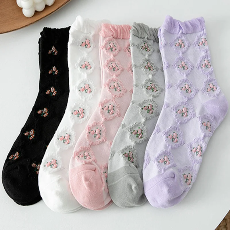 

Solid Black White Gray Woman Socks Korean Fashion Floral Embroidery Crew Socks Japan Style Harajuku Retro Kawaii Cute Long Socks