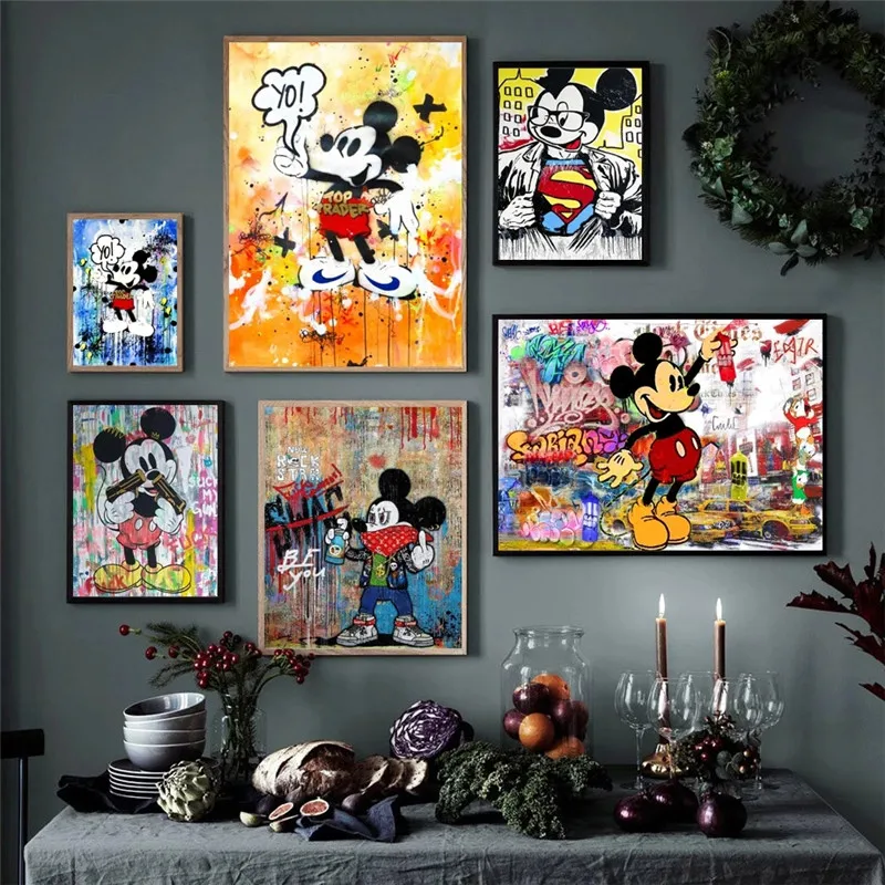 

Настенная Картина на холсте Disney, постеры и принты с изображением граффити, уличное искусство, Микки Маус, аниме, Мультяшные картины для гост...