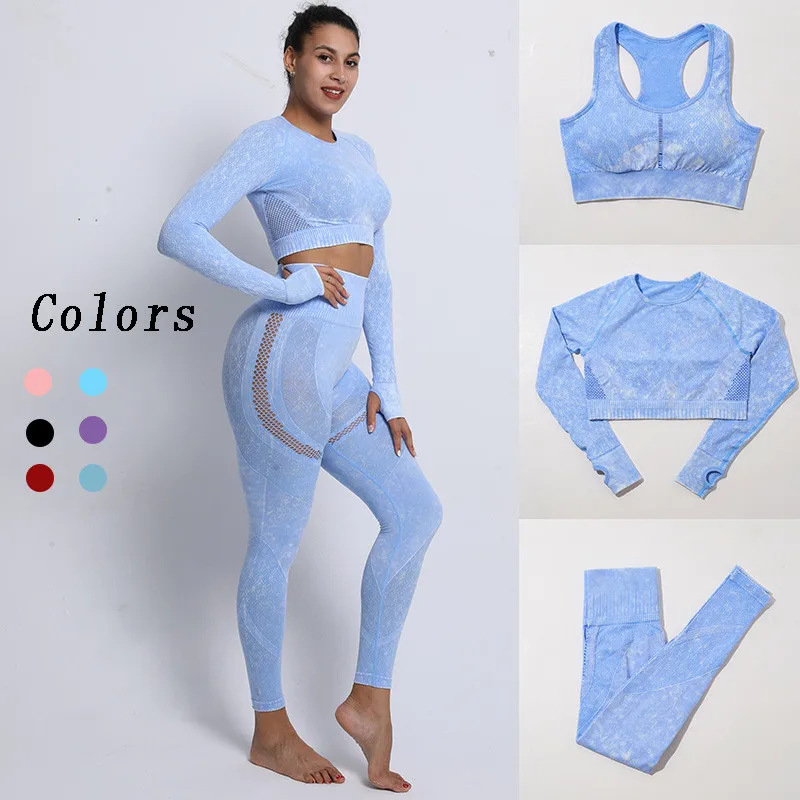

3 Pcs/Set Autumn Seamless Hollow Yoga Set Women Sports Bra Long Sleeve Tops High Waist Yoga Pants Gym Workout Fitness Sportswear