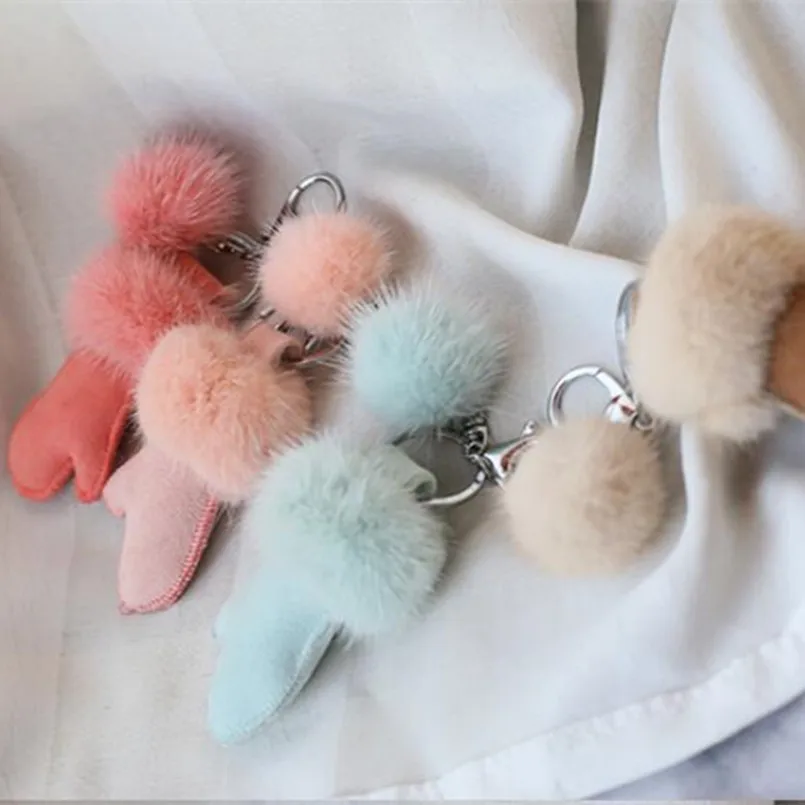 new keychain of real mink fur women fashion accessories mobile phone bag pendant leather fur mitten girls key ring free global shipping