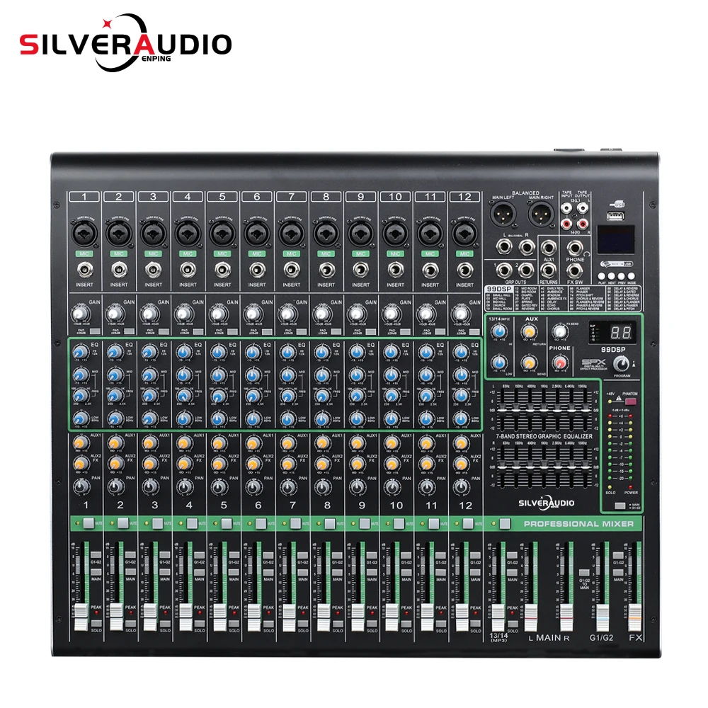 

GAX-XS12 professional 12 channel Dual 7-segment equalization adjustment with MP3 playback,automatic recording mixer