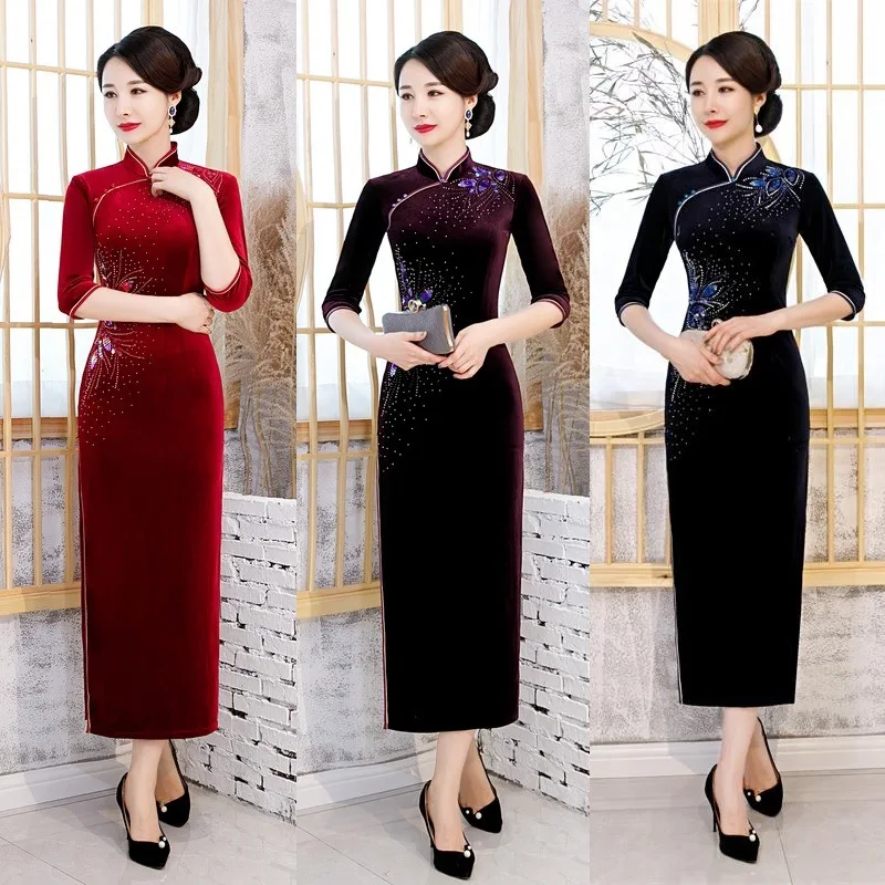 

Autumn Women Seven Points Sleeve Beading Velour Long Qipao Elegant Orientale Banquet Mandarin Collar Cheongsam Oversize 4XL