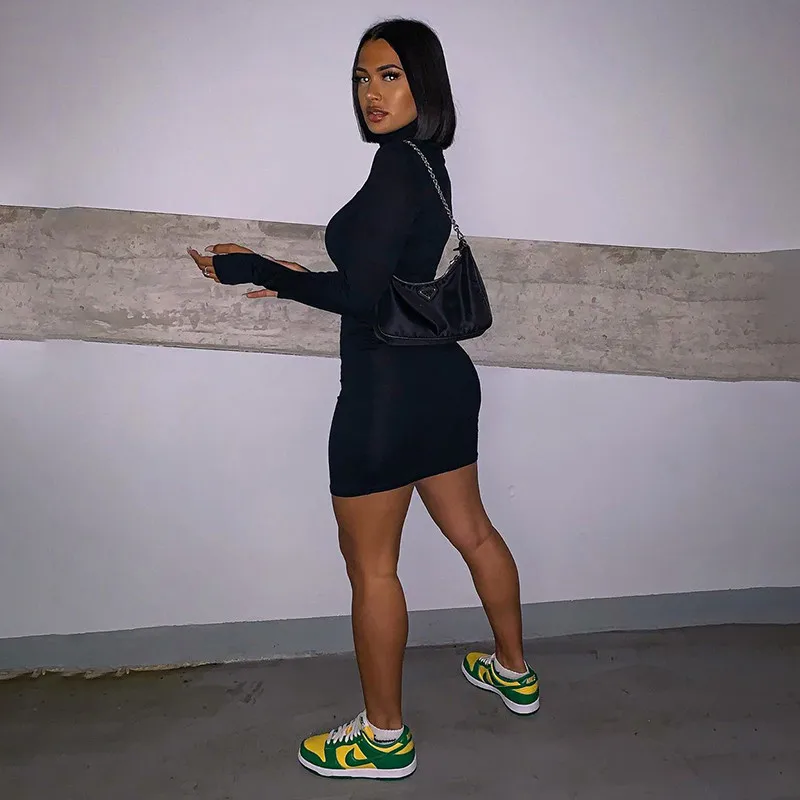 

Newest Fashion Sexy Women High Ncek Solid Fashion Summer Club Bodycon Dresses Woman Party Long Sleeved Mini Dress for Female