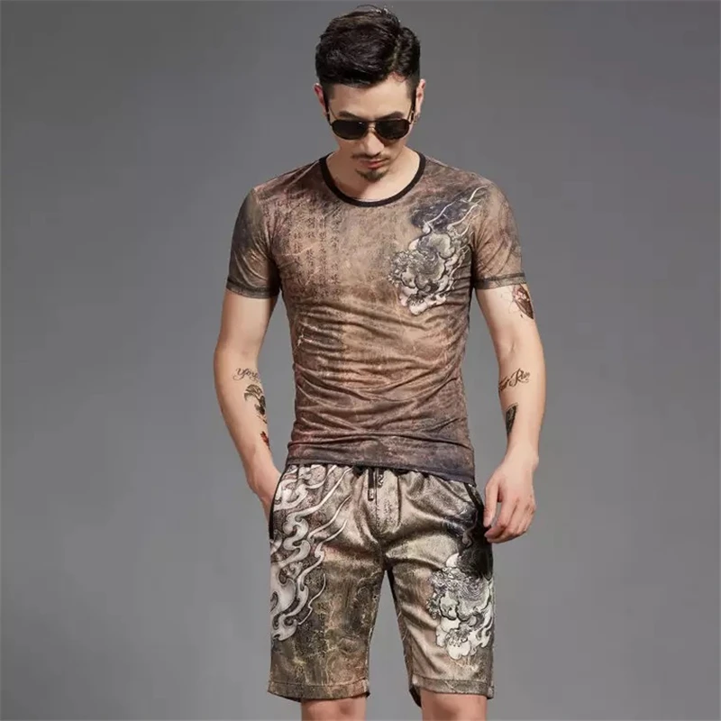 

Chinese style summer casual high-quality men's breathable T-shirt + casual shorts ice silk printing 2-piece set
