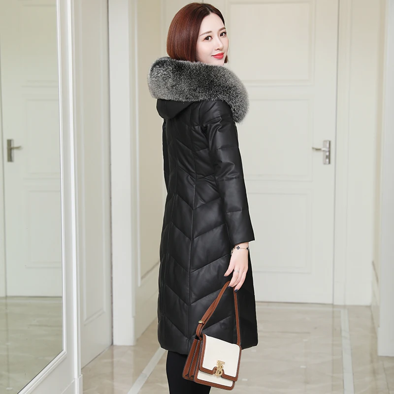 Женская куртка из натуральной кожи 2020 Длинная зимняя овечьей с капюшоном и