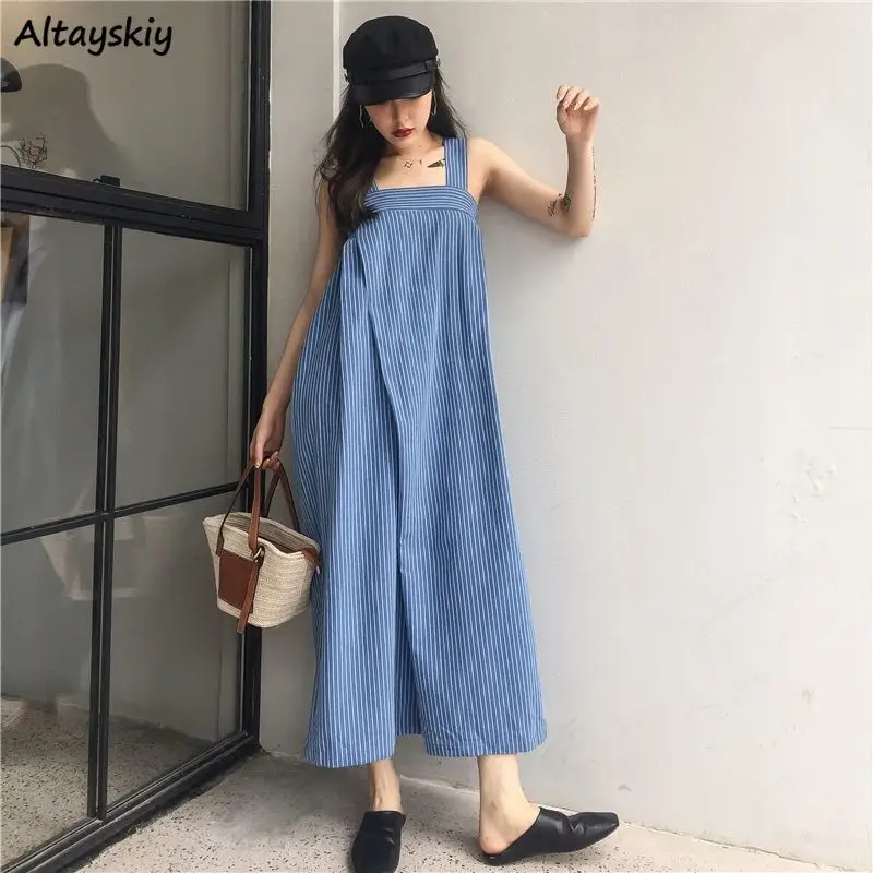 

Jumpsuits Women Striped New Designers Korean Style Casual Wide-leg Ankle-length Trousers Ladies Pockets Loose Feminino Clothing