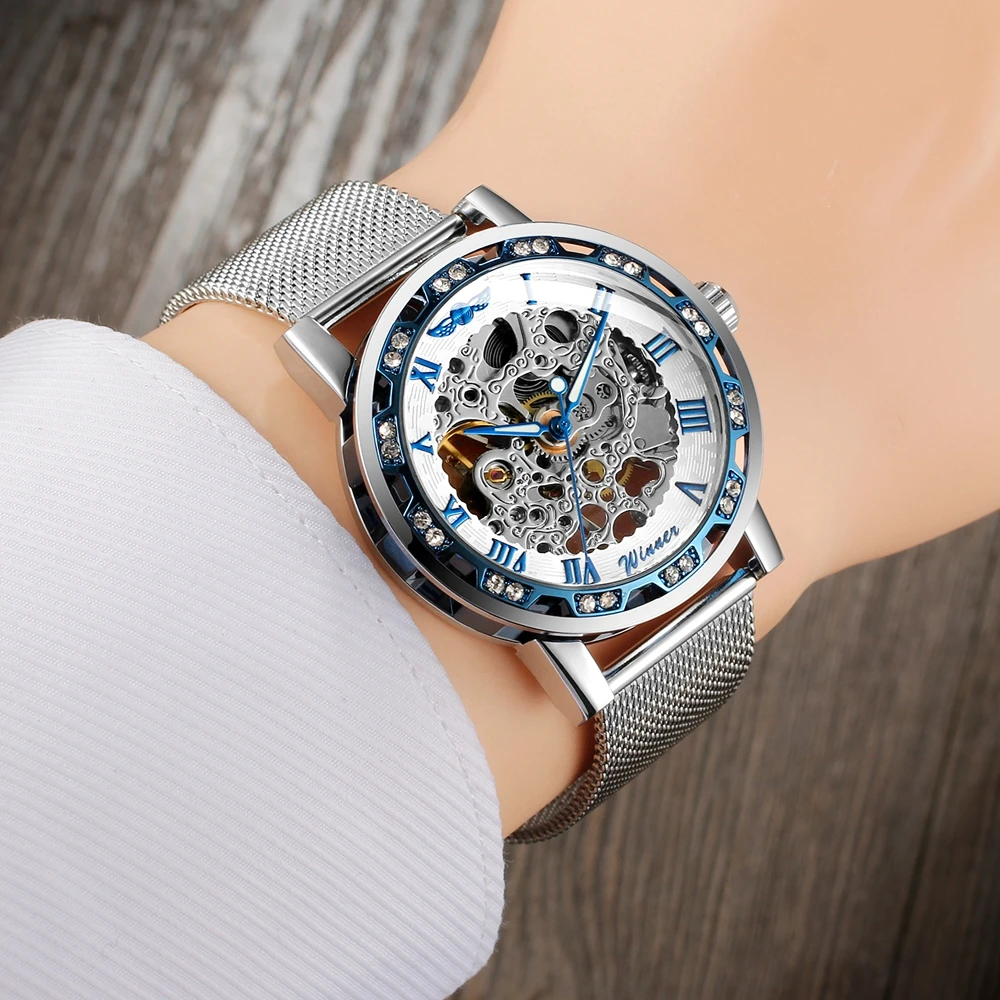 

T-Winner Classic Wristwatches Men's Roman Caring Skeleton Hand-wind Mechanical Watches Mesh Band Gift Box Free Ship