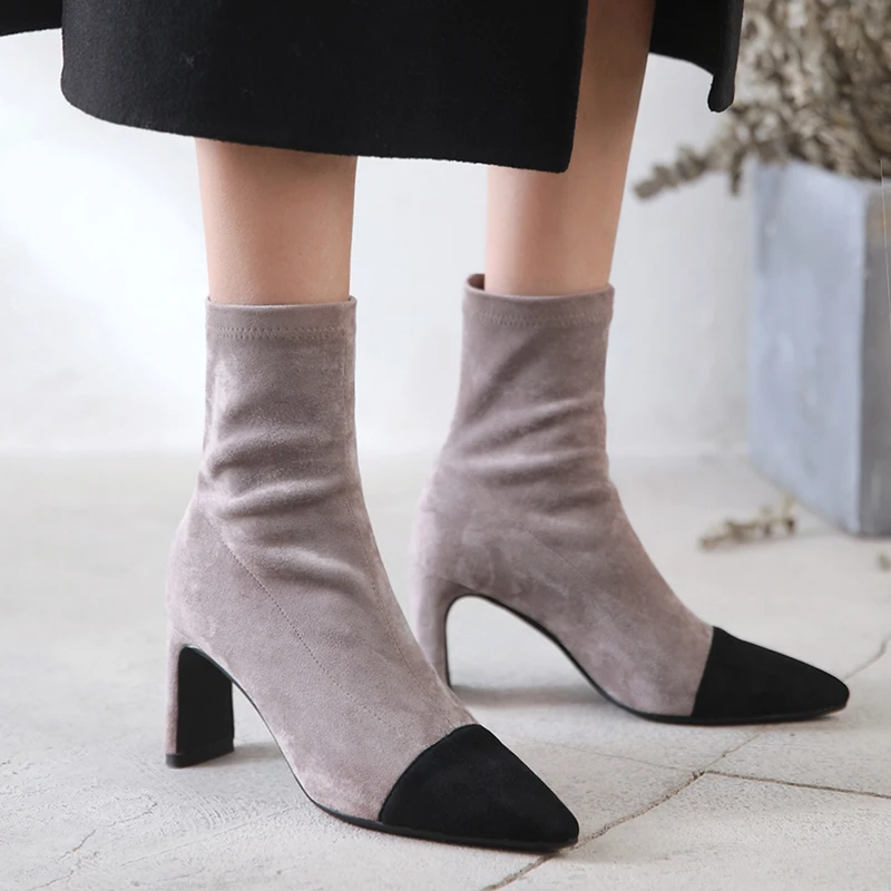 

ISNOM High Heels Ankle Boots Women Fur Flock Sock Boot Pointed Toe Shoes Female Fashion Shoes Ladies Party Shoes Winter 2020