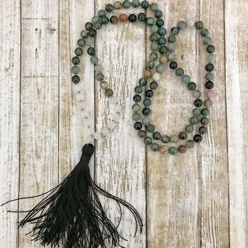 

6MM India A-gate and White J-ade Mala Necklace Hand Knotted Meditation Beads 108 Necklace Black Tassel Necklaces Healing Jewelry