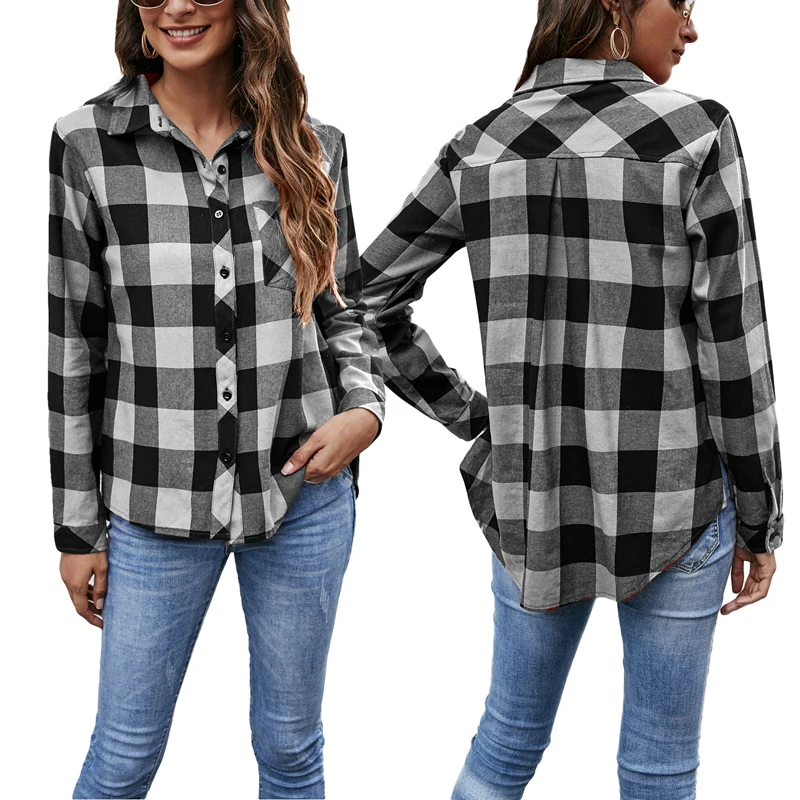 

2021 Women Shirt Pocket Split Tops Long Sleeve Plaid Print 4 Colors New Fashion Casual Office Ladies Hot Button Lapel Streetwear
