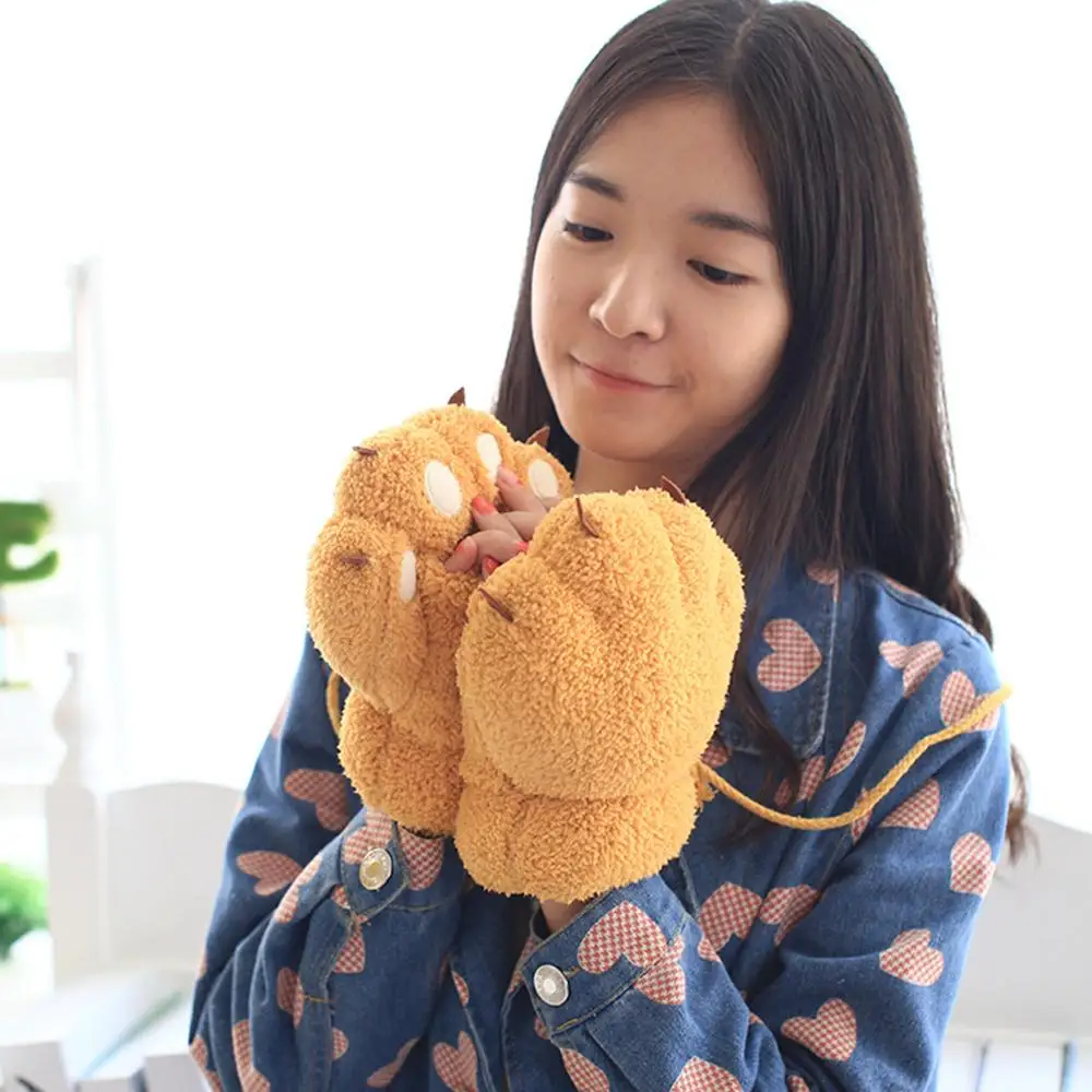 

Women Cute Cat Claw Paw Plush Mittens Warm Soft Plush Short Fingerless Fluffy Bear Cat Gloves Costume Half Finger Black Beige