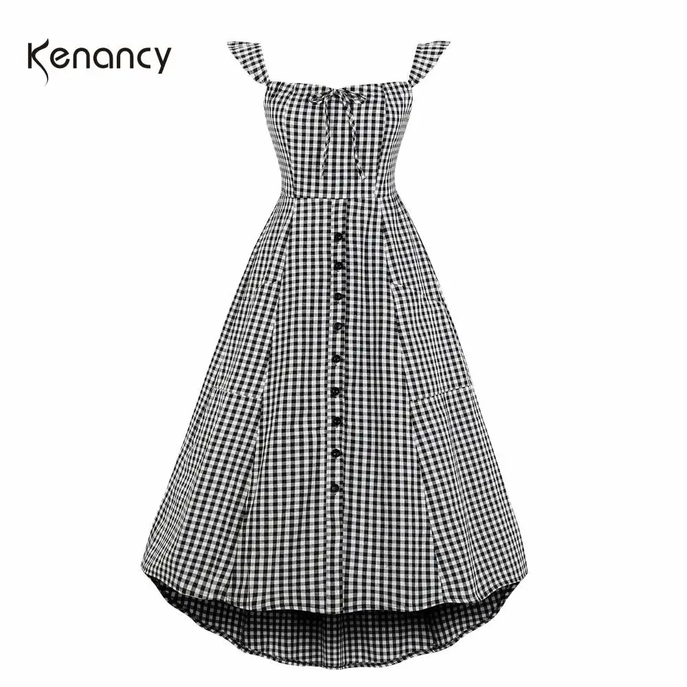 Женское винтажное платье Kenancy черное клетчатое на пуговицах с двумя карманами и