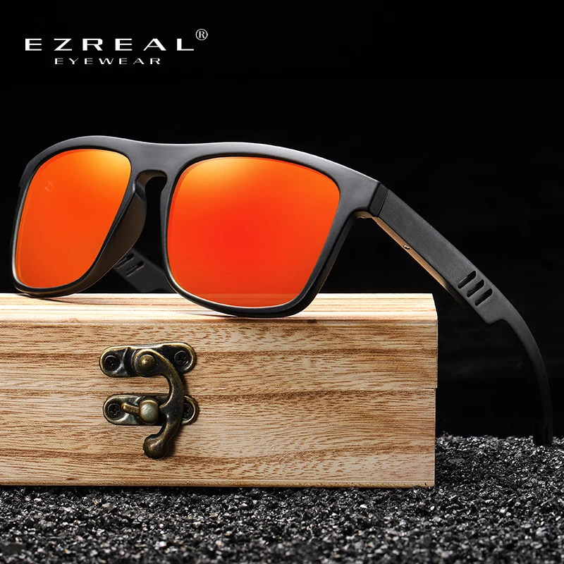 EZREAL Vintage Sports Style Polarized Sunglasses Men Black Driving Square Wooden Shades Sunglass 