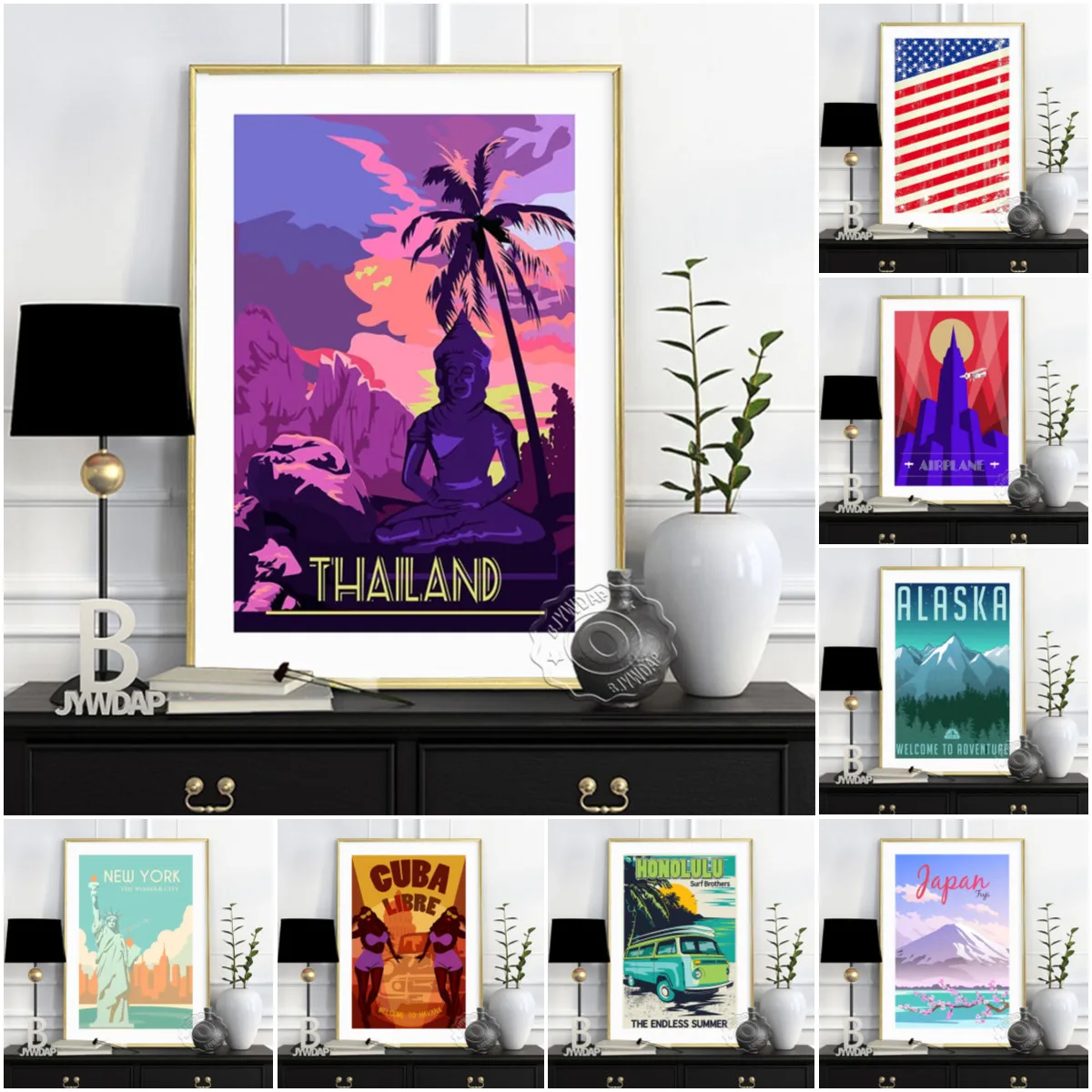 

Travel Around The World Prints Poster, New York Havana Japan Alaska Thailand Art Prints, Impression Vintage Wall Decor Tour Gift