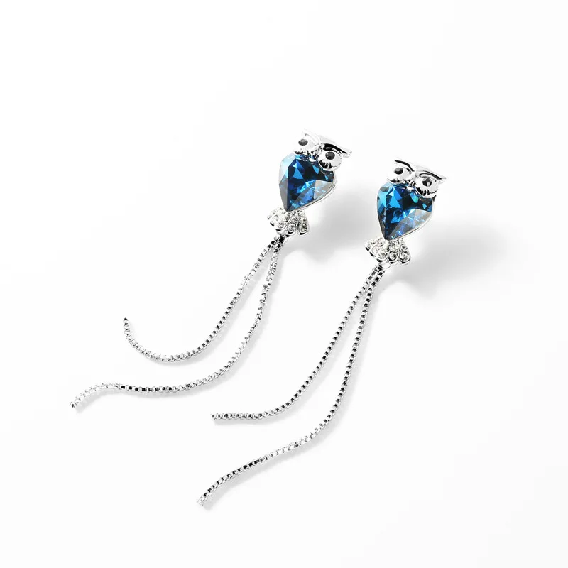Модные длинные серьги с кисточками в виде совы стразы подвески голубыми