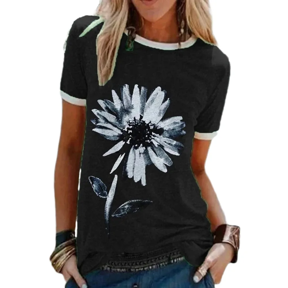 

Hot Selling Women's Top European and American Loose Flower Pattern Printed Round Neck Short Sleeve T-shirt