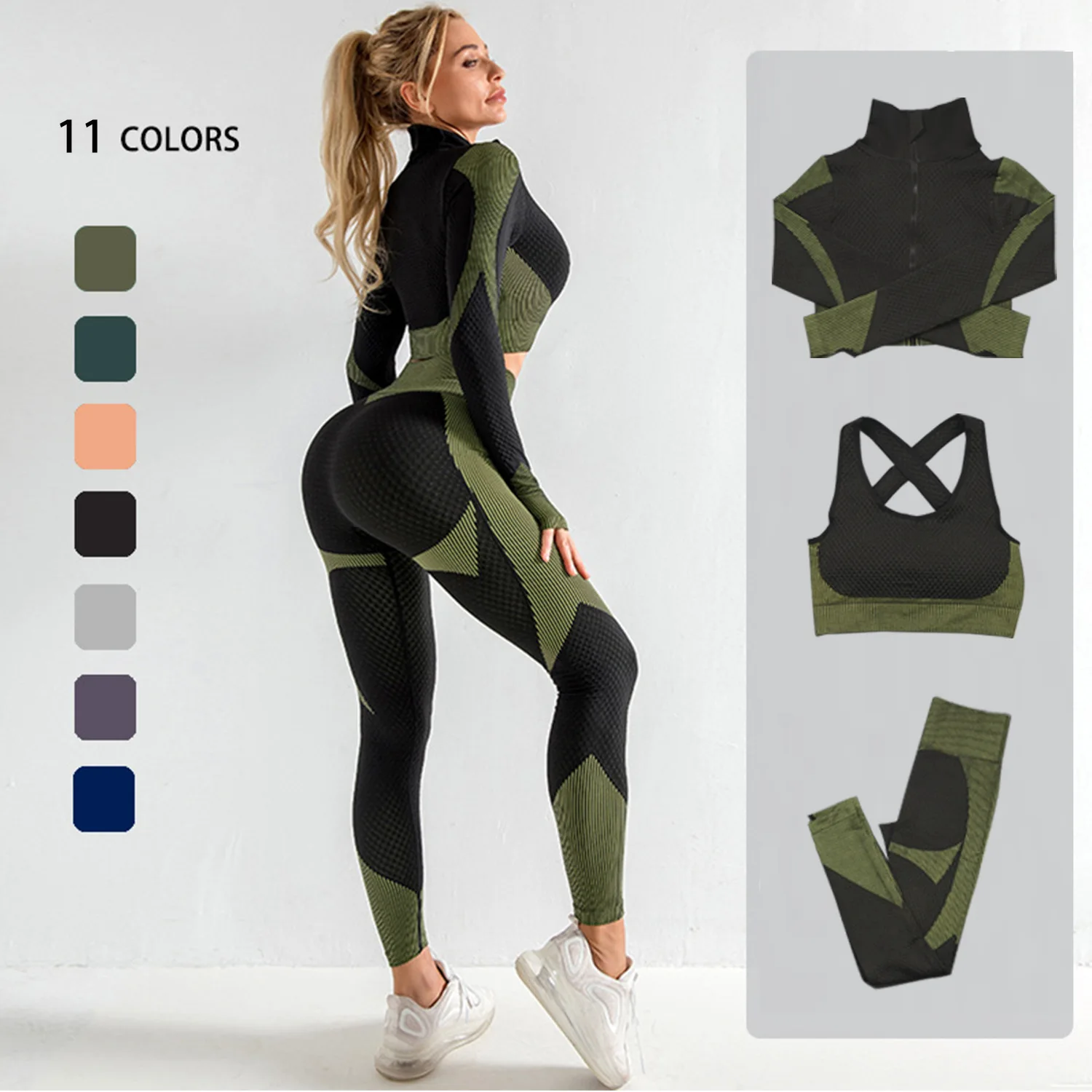 

Women's Seamless Fitness Set Long-Sleeved T-Shirt Gym Wear Sports Bra Elastic Running Leggings High Waist Training Yoga Pant