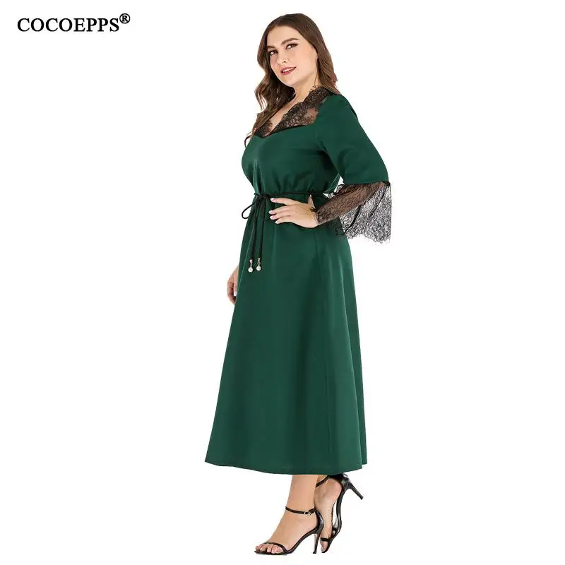 

2020 spring summer maxi dress plus size 4xl women loose long dress lace sleeve elegant evening party night big size dress green
