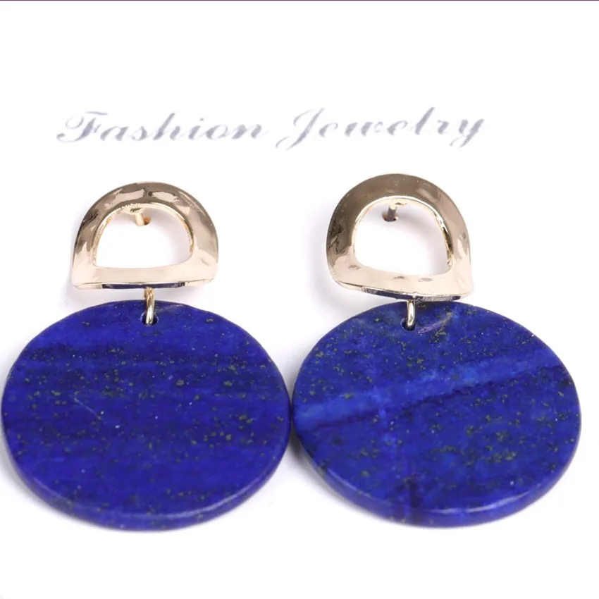 Уникальные светло желтые золотые серьги гвоздики FYJS с круглым Лазуритом