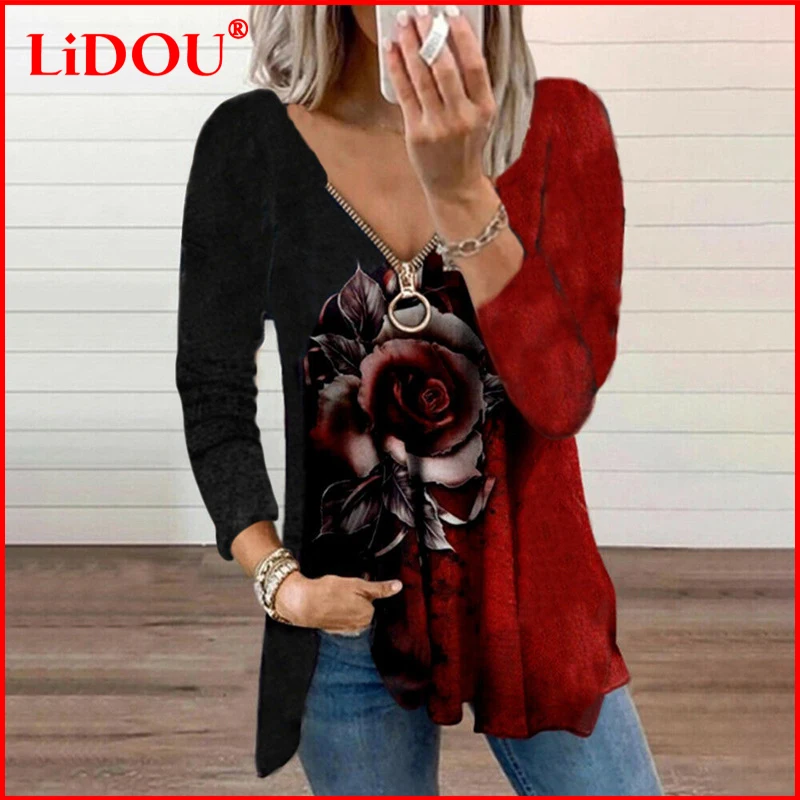 

Женская Осенняя одежда, Элегантная футболка на молнии с цветочным принтом, пикантная туника с длинным рукавом и V-образным вырезом, Женская ...
