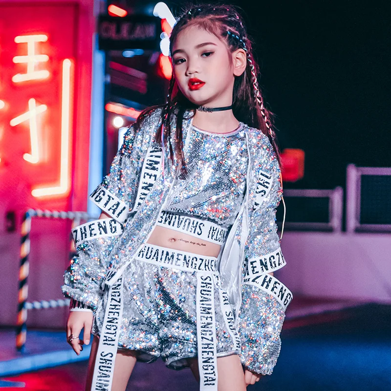 

Silver Jazz Dance Costume Girls Fashion Hip Hop Street Dance Sequin Performance Clothing Dancing Practice Wear 3 Pcs Set DC4696
