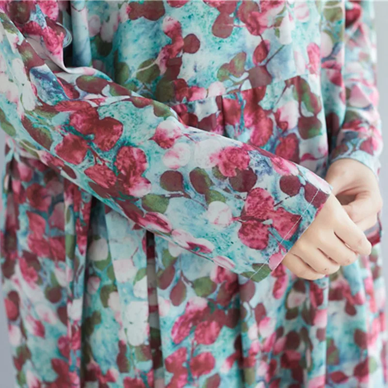 

Johnature 2021 Casual Korean V-neck Full Sleeve Loose Women Clothes Dresses Spring New Print Plus Size Female Dress