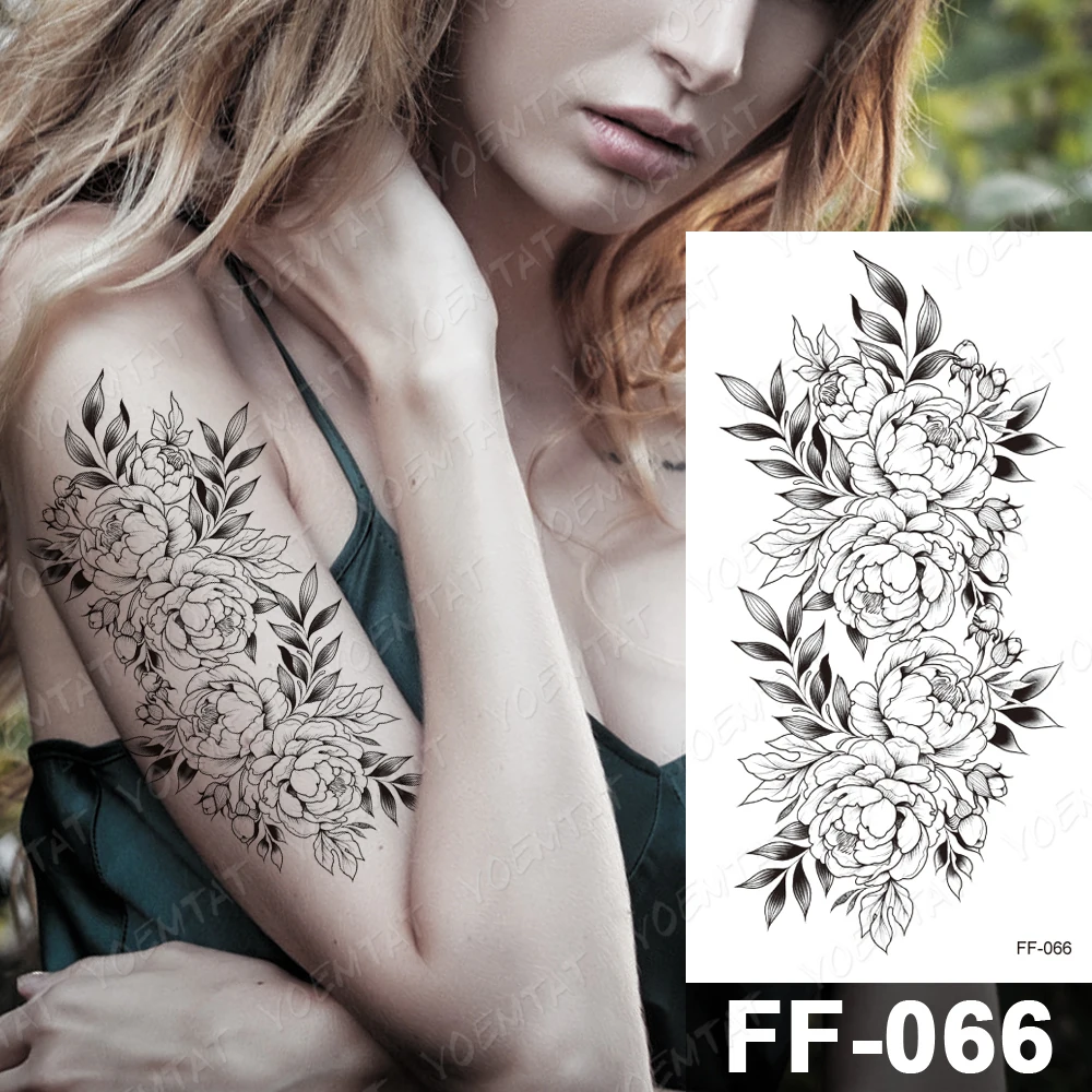

Waterproof Temporary Tattoo Sticker Peony Rose Flower Flash Tatto Female Geometric Black Body Art Arm Thigh Fake Tattoos For Men
