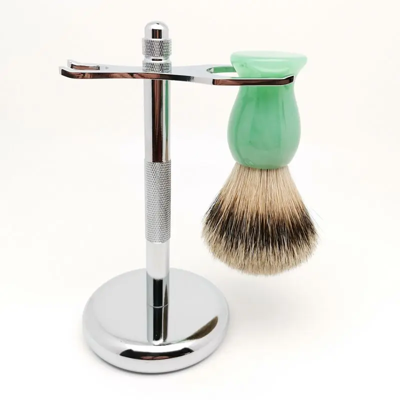 TEYO Silvertip Badger Hair Shaving Brush and Shaving Stand Set Perfect For Wet Shave Safety Razor Cream