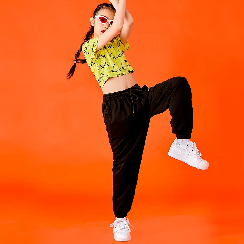 

Children'S Hip Hop Costumes Jazz Practice Dancing Clothes Short Sleeve Suit Girls Tops Black Pants Street Dance Costume WD0074