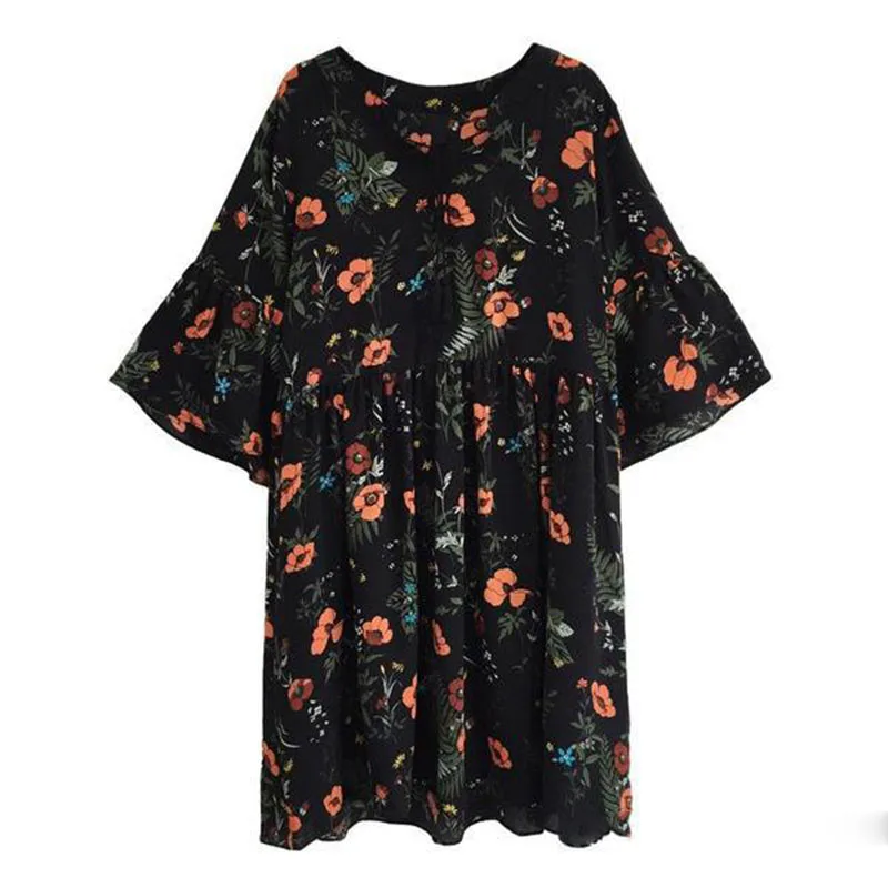 

2021 Summer Fashion Floral Print Short-sleeved Dress Female New Temperament Loose Lotus Leaf Sleeve Waist A-line Dresses