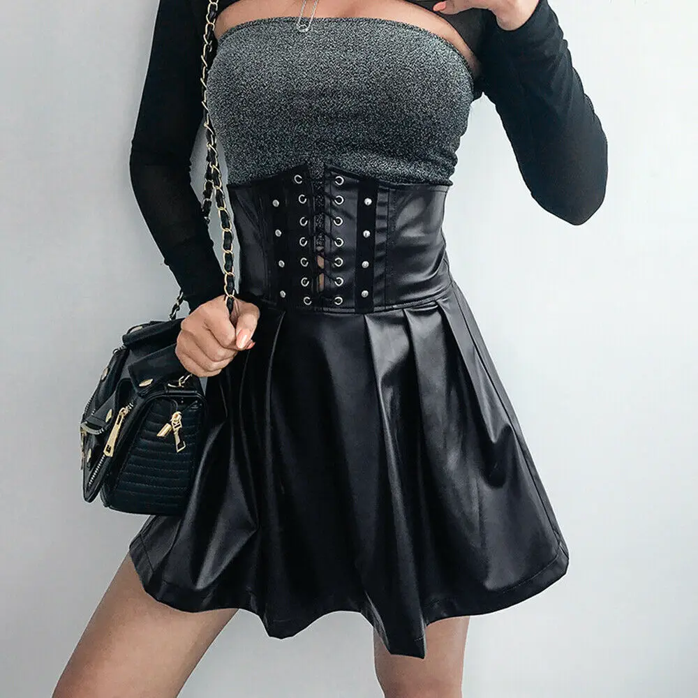 

High Waist Autumn Punk Style Skirt For Women Bandage Sexy PU Skirt Col irl Waist Belt Seal Black Skirts Women Clothes Streetwear