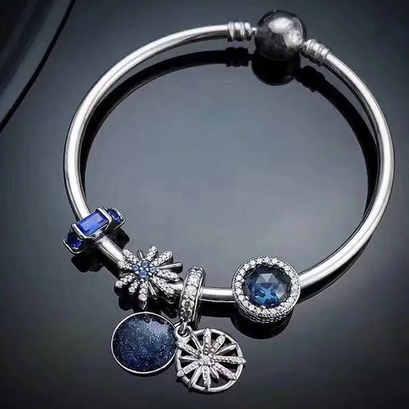 

100% 925 Sterling Silver Star Pendant And Blue Cat's Eye Beaded Suit Pan Bracelet For Women Wedding Party Fashion Jewelry