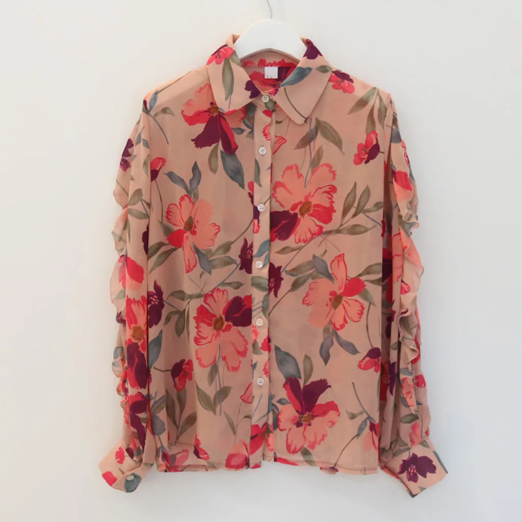 Fashion Ladies Blouses Women Chiffon Long Puff Sleeve Printed V-Neck Top Button Shirts ropa mujer рубашка женская#GH | Женская