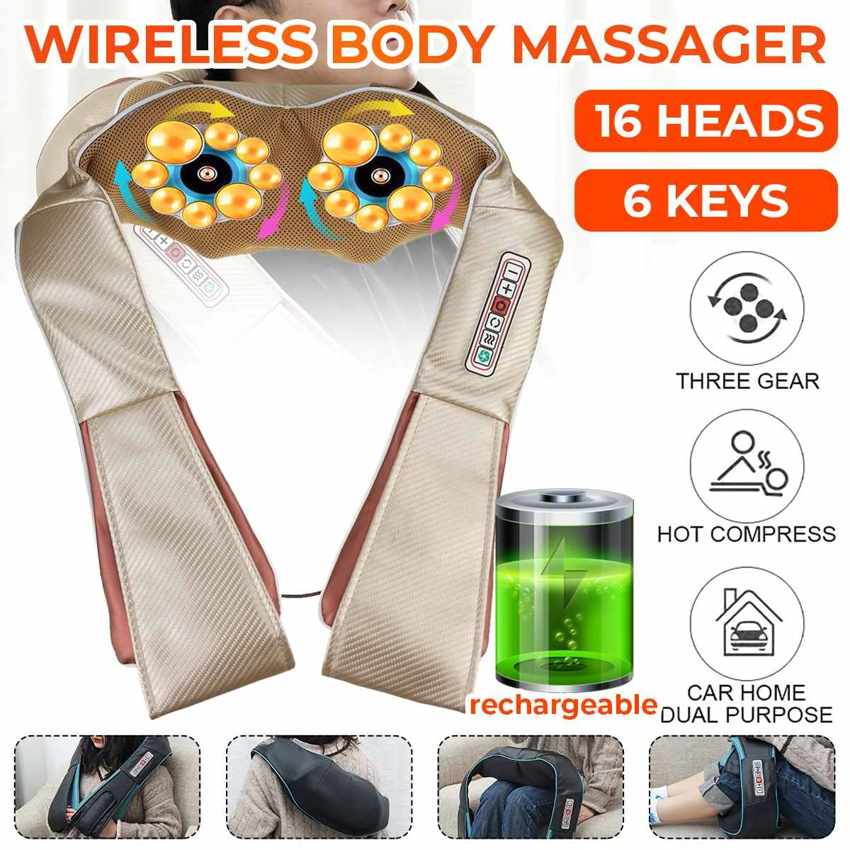 

U-образный Электрический Массажер шиацу для тела, плеч, шеи, шали, спины, инфракрасный обогрев, разминающий массаж для автомобиля/дома, забот...