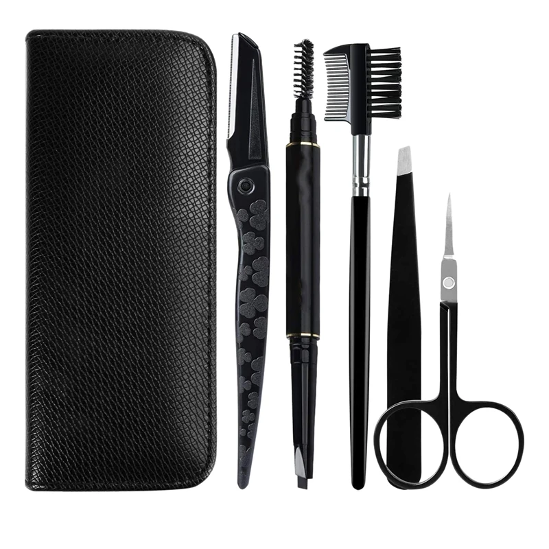 

5Pcs Stainless Steel Eyebrow Care Kit Eyebrow Tweezers Eyebrow Scissors Comb Eyebrow Pencil with Travel Case