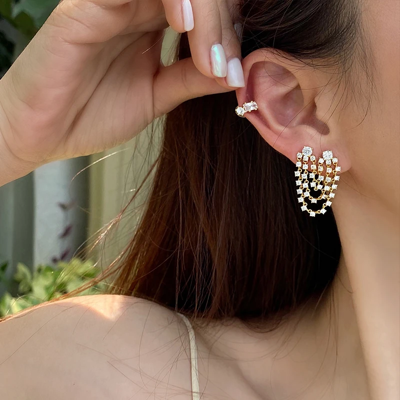 

Brass Zircon Chained Tassel Earrings Women Jewelry Punk Party Runway T Show Classic Gothic Korean Japan INS Hiphop Top Fancy