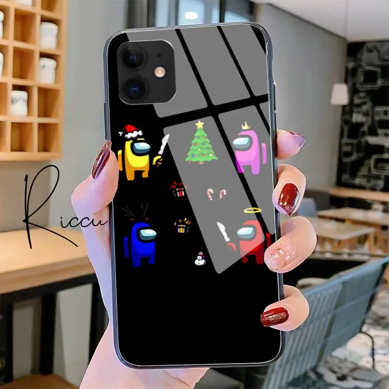 

Christmas Hot Game Among Us Phone Case Tempered Glass For iPhone 11 Pro XR XS MAX 8 X 7 6S 6 Plus SE 2020 12 Pro Max Mini case